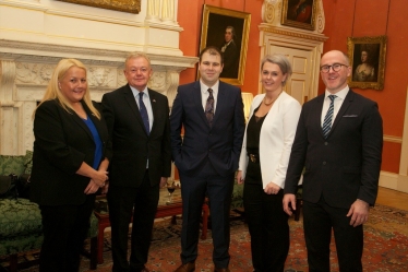 (left to right) – Cllr Poppy Corbett (Clydesdale West), Cllr Kenny McCreary (Bothwell and Uddingston), Cllr Mark McGeever (Hamilton West and Earnock), Cllr Ann Le Blond (Cambuslang West) and Glasgow City councillor  Tony Curtis gathered in Number 10’s famous Terracotta Room.